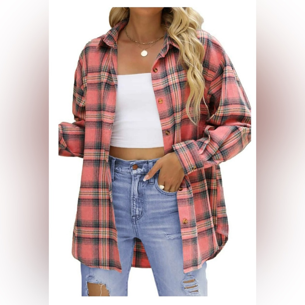 NWT Plaid Flannel Buttondown Shirt, Pink, Size Medium - Picture 2 of 12